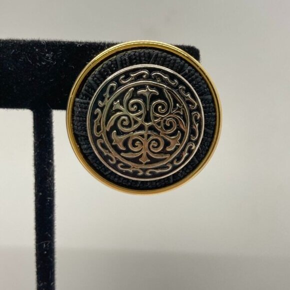 Vintage Renaissance Set Black Cord Choker 15" Necklace Clip On Earrings Two Tone - Picture 10 of 15